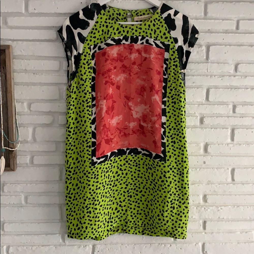 Bright Green and Coral Print Mini Dress